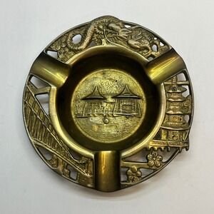 Vtg Brass Ashtray Dragon Pagoda Bridge Design Made in Taiwan Chinoiserie 4.75"